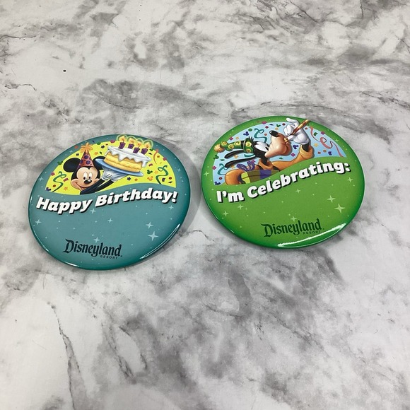 Disneyland Happy Birthday Mickey & I'm Celebrating Goofy Button Pin Lot Set of 2 - Picture 1 of 2